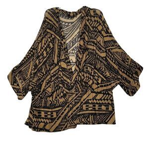 Iman Cardigan Womens 3X Global Chic Herringbone Mesh Black Tribal Tan Knit